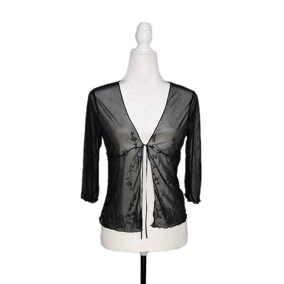 To The Moon Vtg Y2K Sheer Mesh Tie Up Overlay Top Black Glitter Flowers Size M - Picture 1 of 10